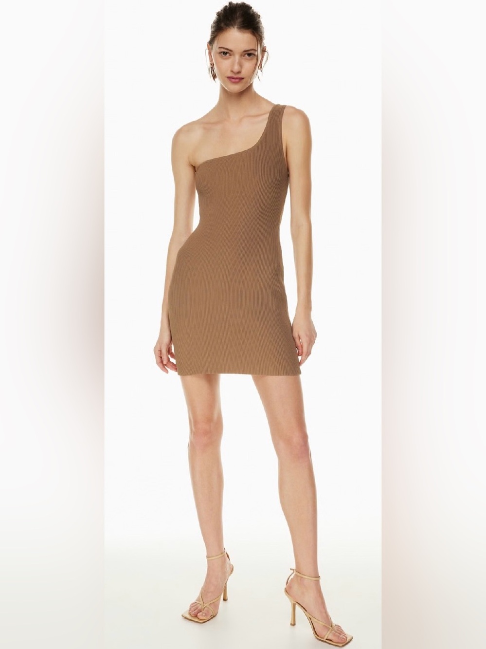 Aritzia Babaton Sculpt One-Shoulder Ribbed Mini Dress Saville Brown Small